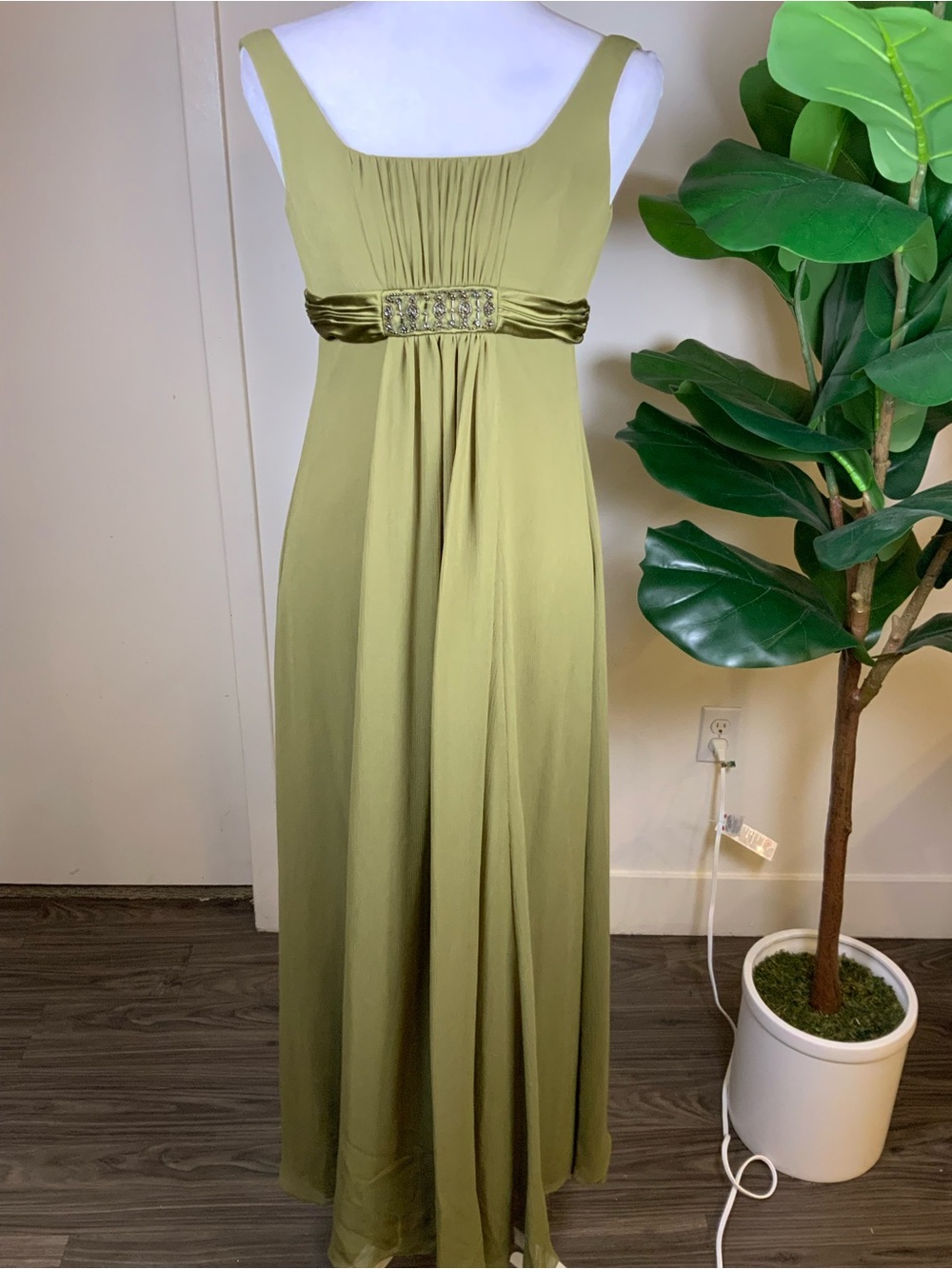 David's Bridal Olive Green Empire Waist Maxi Dress with Satin Embellished Band
